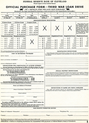 WWII Unused 3rd War Loan Drive - Federal Reserve Bank Of Cleveland Purchase Form