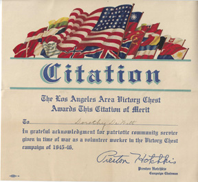 WWII Los Angeles Area Victory Chest Citation Of Merit