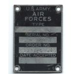 WWII Army Air Forces Consolidated Aircraft Company B-24 Data Plate