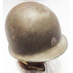 WWII era front seam, fixed bale helmet painted with tech sergeant stripes