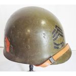 WWII era helmet liner that has been painted with the 51st Infantry Division with Sergeant 1st Class rank on the front.