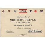 WWII USO War Work Meritorious Service Certificate