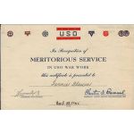 WWII USO War Work Meritorious Service Certificate