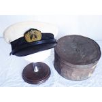 WWII Imperial Japanese Naval Officers White Cover Visor Hat with Metal Hat Box