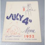 Korean War era Kodiak, Alaska US Naval Station 1952 July 4th Menu