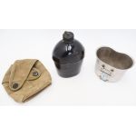 WWII Marine Corps 3rd pattern canteen cover with an enameled canteen and cup