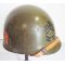 WWII era helmet liner that has been painted with the 51st Infantry Division with Sergeant 1st Class rank on the front.